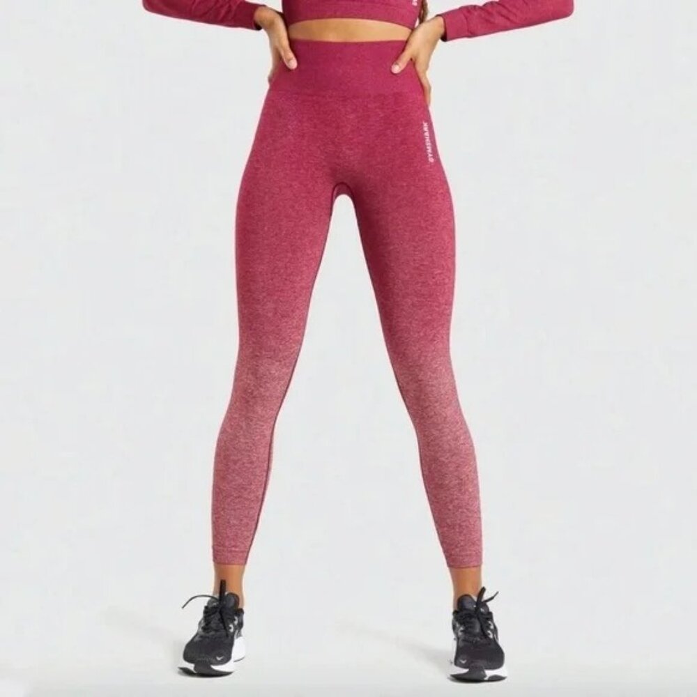 Gymshark Set Adapt Ombre Seamless Leggings & Long Sleeve Crop Top Burgundy Mediu - Picture 2 of 16